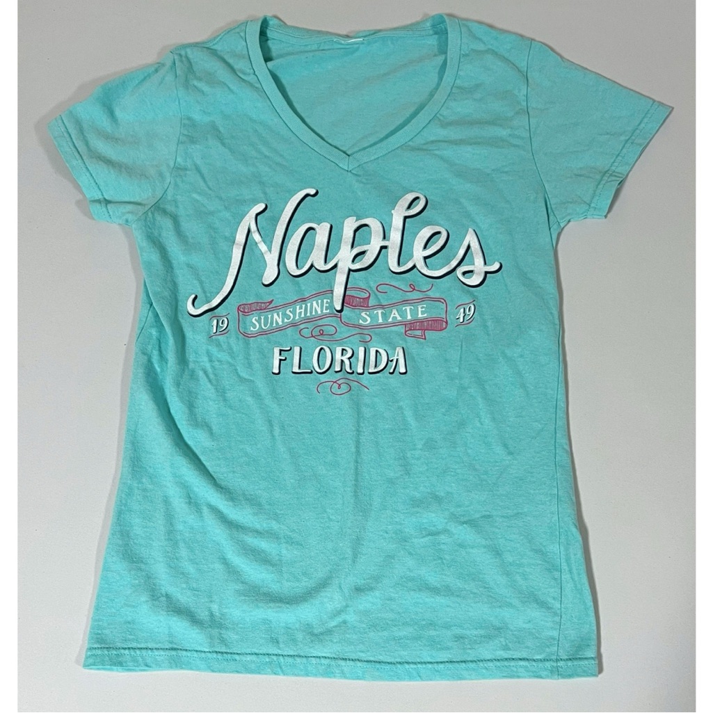 Blue ‘Naples, Fl’ Graphic V-Neck Short Sleeve Tee T-Shirt Top Size S #Casual